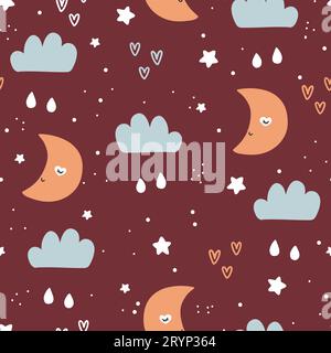 Seamless childish pattern with moons, clouds, stars. Stock Vector