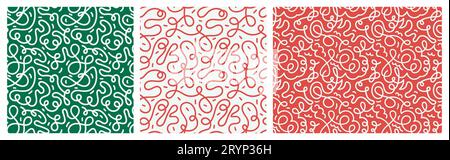 cute squiggle Christmas print with hand drawn doodle scribble backdrops. Red and green New Year background pattern. Set of vector designes Stock Vector