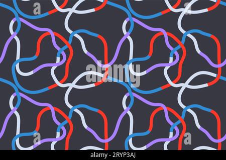 Seamless pattern of colorful abstract squiggles print, scribble spiral and wavy lines. Chaotic ink brush deformed circles on dark blue background. Vec Stock Vector
