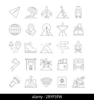 Set of simple travel icons. Vacation hiking in the mountains and resort in nature icon collection. Vector line symbols Stock Vector
