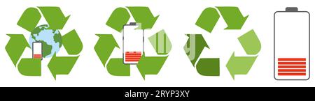 Recycling Set, recycle battery, thunder. Perfect for website mobile app, app icons, presentation. Vector flat illustration isolated on white. Green ar Stock Vector