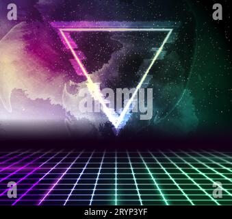 Retro futuristic 80s - 90s abstract hi-tech neon background with grunge galaxy sky and glitch effect triangle. Vector poster design Stock Vector