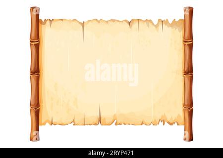 Bamboo frame with old parchment paper decorated with rope in cartoon style isolated on white background. Game ui board, sign. Vector illustration Stock Vector