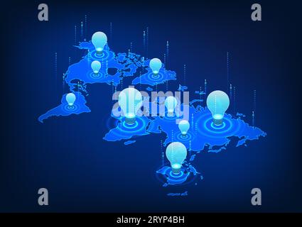 World map integrated with technology The world map above has a light bulb placed. Technology exists in every corner of the world by bringing technolog Stock Vector