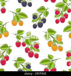 Vector Colorful Raspberry Branches seamless pattern, repeat background with illustration of raspberries still life composition for wrapping paper, col Stock Vector