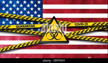 Coronavirus COVID-19 quarantine abstract background. Orange danger tapes and biohazard sign on grunge USA flag backdrop. Vector design Stock Vector