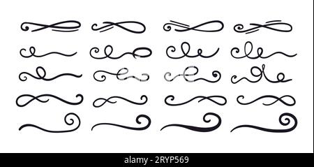 Swoosh and swoops double underline typography tails shapes. Brush drawn thick curved smears. Hand drawn collection of curly swishes, swashes, squiggle Stock Vector