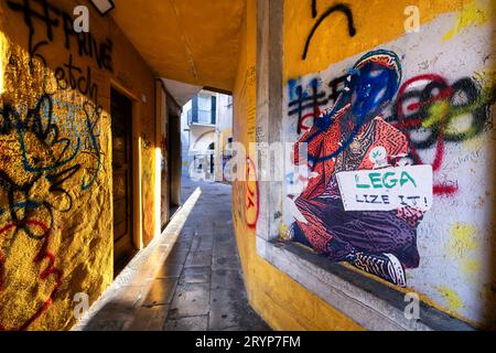 Graffiti on a wall of a narrow Italian alley. A sitting man shows a board with the sentence 'legalize it'. Lega written in green refers to the party. Stock Photo