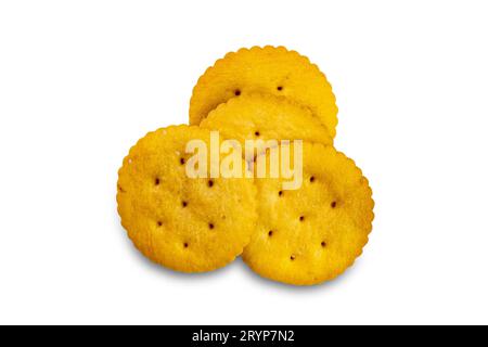 Top view closeup of delicious salted round crackers isolated on white background. Stock Photo