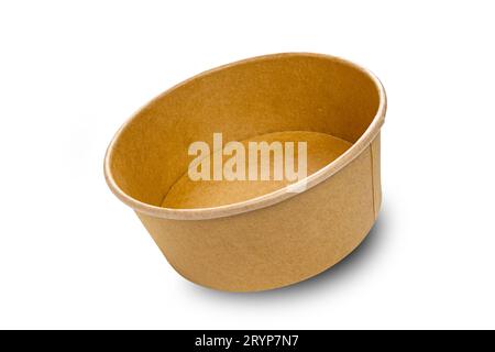 Side view closeup of empty single brown paper bowl isolated on white background. Stock Photo