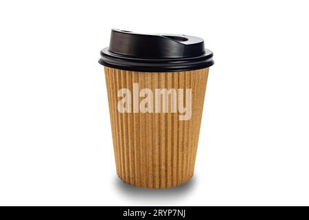 Side view closeup of empty single brown corrugated paper coffee cup with black lid isolated on white background. Stock Photo