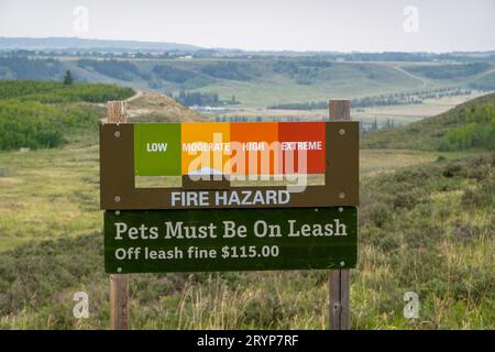 Cochrane, Alberta, Canada. Jun 4, 2023. A moderate fire hazard sign at Glenbow Ranch provincial park Stock Photo