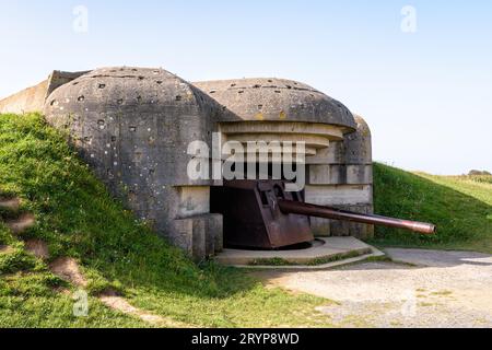 A bunker holding a 150 mm gun in the Longues-sur-Mer battery in Normandy, France, a WWII German coastal artillery battery part of the Atlantic Wall. Stock Photo