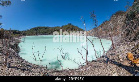 White Crater or Kawah Putih sulfur lake in West Java, Near Bandung city, Indonesia. Stock Photo