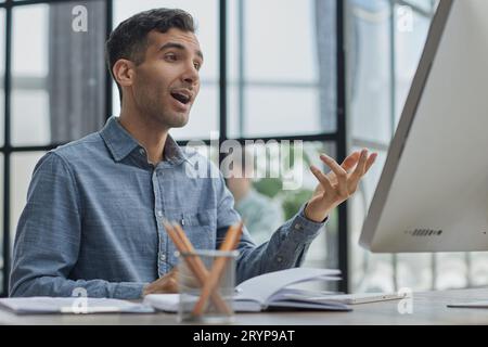 In Big Diverse Corporate Office Portrait of Beautiful Manager Using Desktop Computer Stock Photo