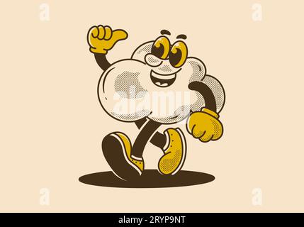 Mascot character illustration of walking cloud with happy face, design in vintage style Stock Vector