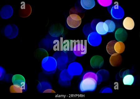 Beautiful night bokeh light, abstract blur defocused background. Colorful overlay glitter lights for layout design. Boke glows concept of Celebration, Stock Photo