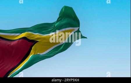 Close-up view of the Guyana national flag waving in the wind Stock Photo