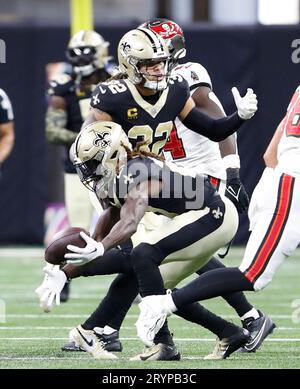 New Orleans, USA. 01st Oct, 2023. New Orleans Saints safety Johnathan Abram (24) reaches for the ball during a National Football League game at Caesars Superdome in New Orleans, Louisiana on Sunday, October 1, 2023. (Photo by Peter G. Forest/Sipa USA) Credit: Sipa USA/Alamy Live News Stock Photo
