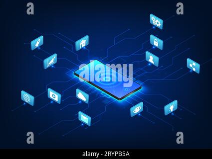 Smartphone technology connected technology circuit with icons Refers to mobile technology that enables access to information, communication, data tran Stock Vector