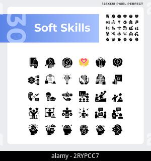 Pixel perfect glyph style soft skills icons set Stock Vector