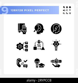 Pack of pixel perfect glyph style soft skills icons Stock Vector