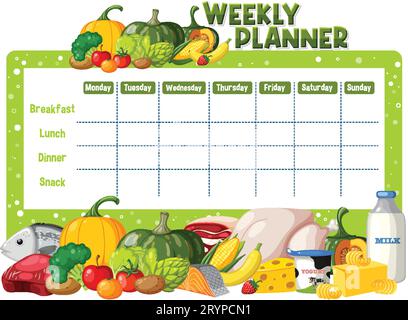 Weekly meal planner schedule, cartoon vegetables superheroes and ...