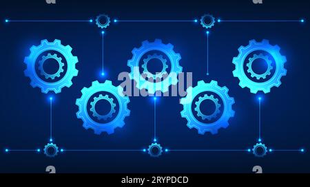 Gear technology illustration set of multiple gears with connected lines. It conveys the drive for technology to develop, to work together to help thin Stock Vector