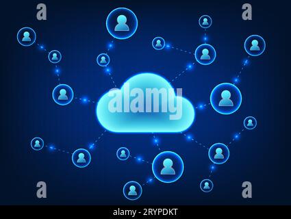 Cloud technology, Cloud with circuit boards connected to people icons Refers to technology for backing up data and sharing data to recipients via the Stock Vector