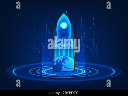 Smart phone technology with a rocket rising from the world on the mobile screen with a circle of technology Refers to mobile technology that has devel Stock Vector