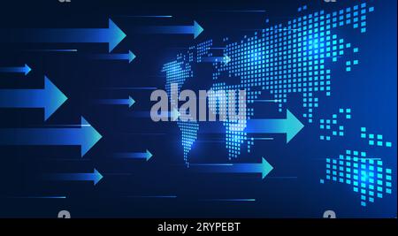 Technology world map with arrows coming towards It conveys the advancement of technology that has access to the world to improve living conditions. co Stock Vector