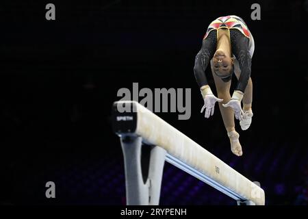 Antwerp, Belgium. 02nd Oct, 2023. Belgian Jutta Verkest pictured in action during the women's qualifications at the Artistic Gymnastics World Championships, in Antwerp, Monday 02 October 2023. The Worlds take place in Antwerp from 30 September to 08 October. BELGA PHOTO DIRK WAEM Credit: Belga News Agency/Alamy Live News Stock Photo