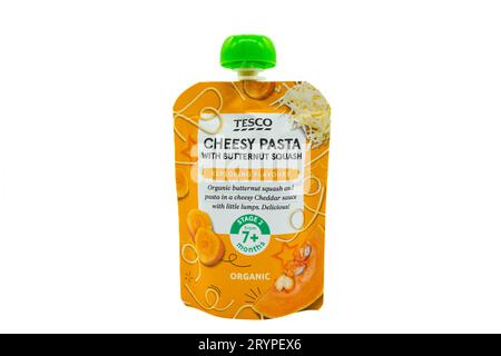 Irvine, Scotland, UK-July 21, 2023: Tesco branded cheesy pasta with butternut squash in recyclable package and top with graphics symbols and icons rel Stock Photo