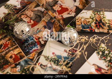 Photos of children against Christmas lights background. Stock Photo