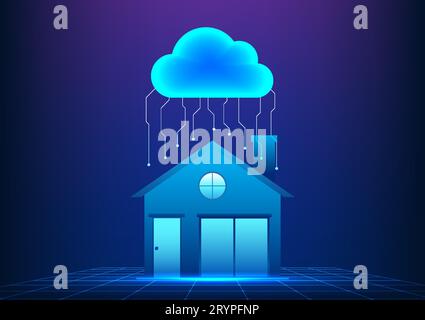 Cloud technology Clouds hover above the house with interconnected circuit boards. Refers to the technology for storing and sending data through the In Stock Vector