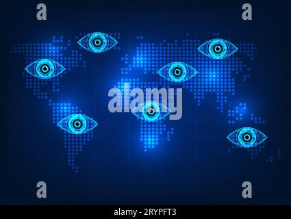 eye technology placed on the world map for each continent It's a vector illustration. Concept technology can provide access to information all over th Stock Vector