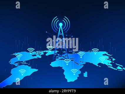 Transmission tower technology on world map with wifi icon Refers to the technology of signal transmission that covers the world for people to have acc Stock Vector