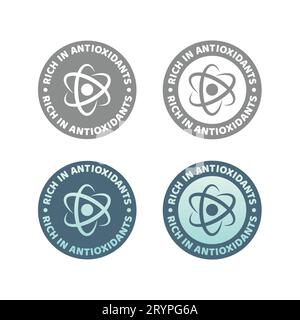 Rich in antioxidants vector label. Colorful antioxidant molecule circle badge. Stock Vector
