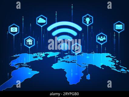 WiFi technology on the world map with icons and behind the number code Refers to the Wi-Fi technology used worldwide for access to entertainment, comm Stock Vector