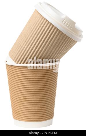 Brown paper cup made of corrugated cardboard with a plastic white lid on a white isolated background Stock Photo