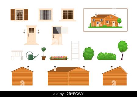 Clipart of farmhouse exterior with elements. Rural house concept. Cartoon flat style. Vector illustration Stock Vector