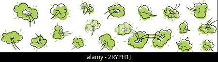 Cartoon icon of stinky green cloud bad odor, farts, or toxic gas. Smell or poison. Flat vector illustration isolated on white background. Stock Vector