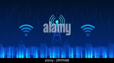 Cellular technology is located in a smart city with wifi icon. A smart city concept with towers to provide city people with access to information. Sen Stock Vector