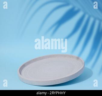 Round empty plate on a blue background shadow from a palm leaf Stock Photo
