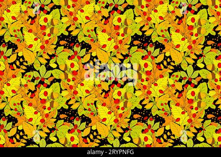 Autumn background. Seamless floral pattern with leaves and berries. Watercolor hand painted illustration Stock Photo