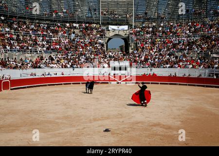 Bullfight in the Les Ar?nes Roman arena during the Feria du Riz, Rice festival, Arles, Provence, France. Stock Photo