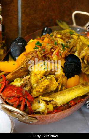 Bouillabaisse dish at Restaurant Miramar in the Le Vieux Port area which is considered to make the best ones in the city, Marseille, Provence, France. Stock Photo