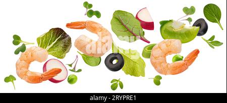 Falling shrimp salad ingredients isolated on white background Stock Photo