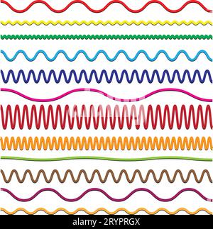 zig zag color lines. Vector zigzag lines and waves,  Squiggle wavy  lines frame with wiggle. parallel borders. Design of seamless water graphic. Stock Vector