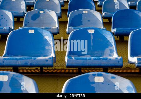 Rows of identical wet blue seats in the empty stadium bleachers Stock Photo